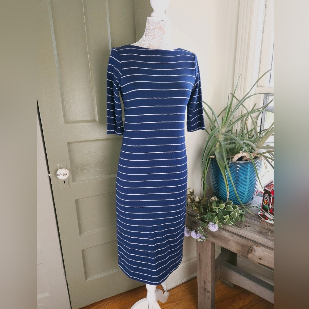 LL Bean Vintage Navy Blue White Striped Knit Pencil Dress Women's S